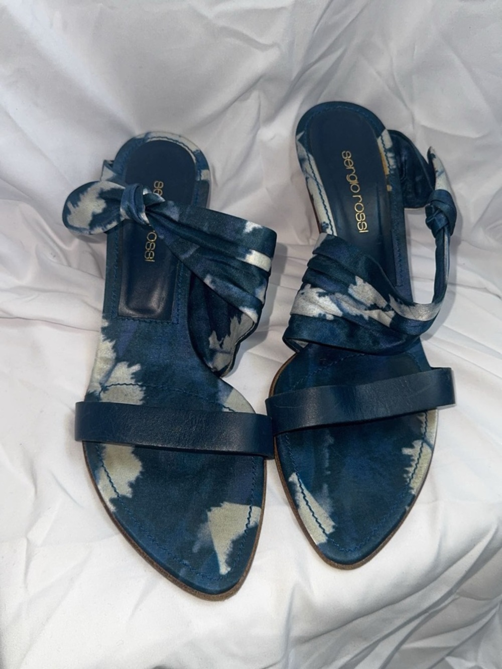 Sergio Rossi Navy & White Tie-Dye Leather Wrap Sandals